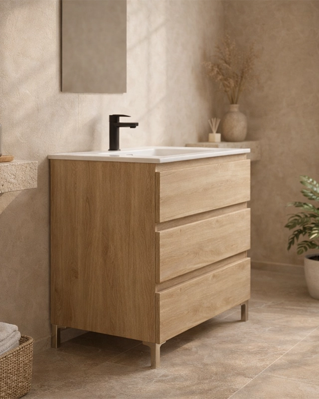 Mobile bagno 60x46 quercia a pavimento con lavabo e specchio Atene