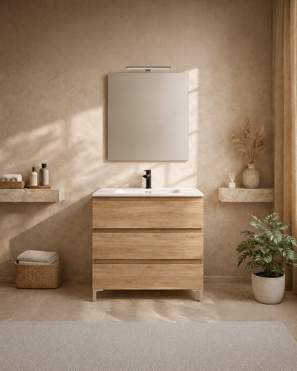 Mobile bagno 60x46 quercia a pavimento con lavabo e specchio Atene