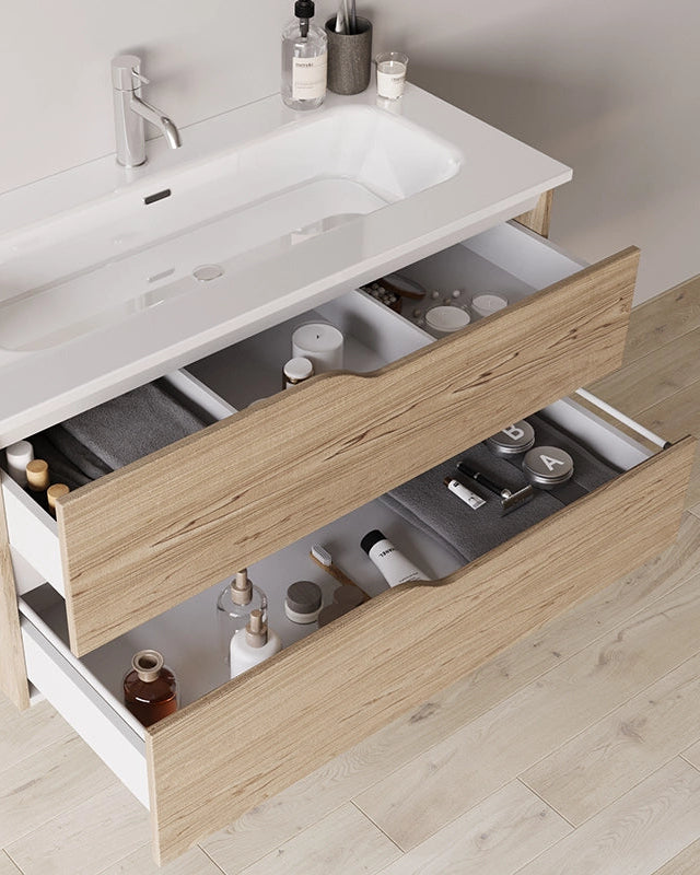 Mobile bagno 60x46 quercia effetto legno con lavabo Gaia, vista dall'alto del piano con lavabo - Exagonshop