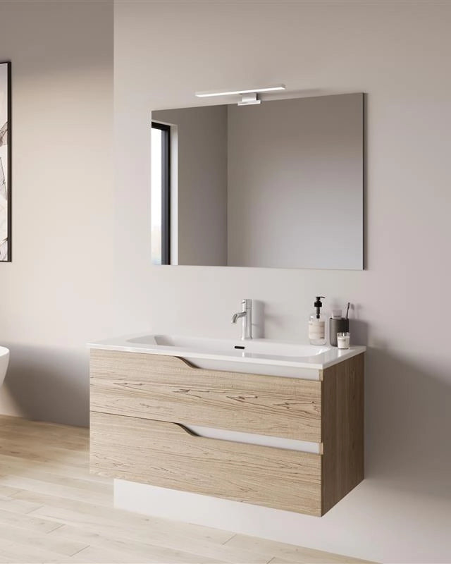 Mobile bagno 60x46 quercia effetto legno con lavabo Gaia, dettaglio ravvicinato della finitura e del cassetto - Exagonshop