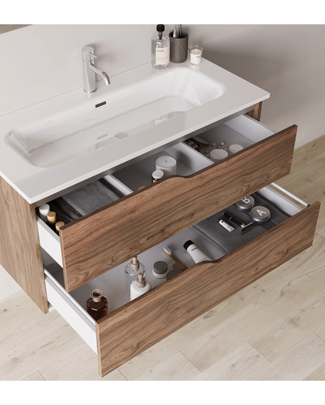 Mobile bagno 60x46 tabacco effetto legno con lavabo Gaia, vista dall'alto del piano con lavabo - Exagonshop