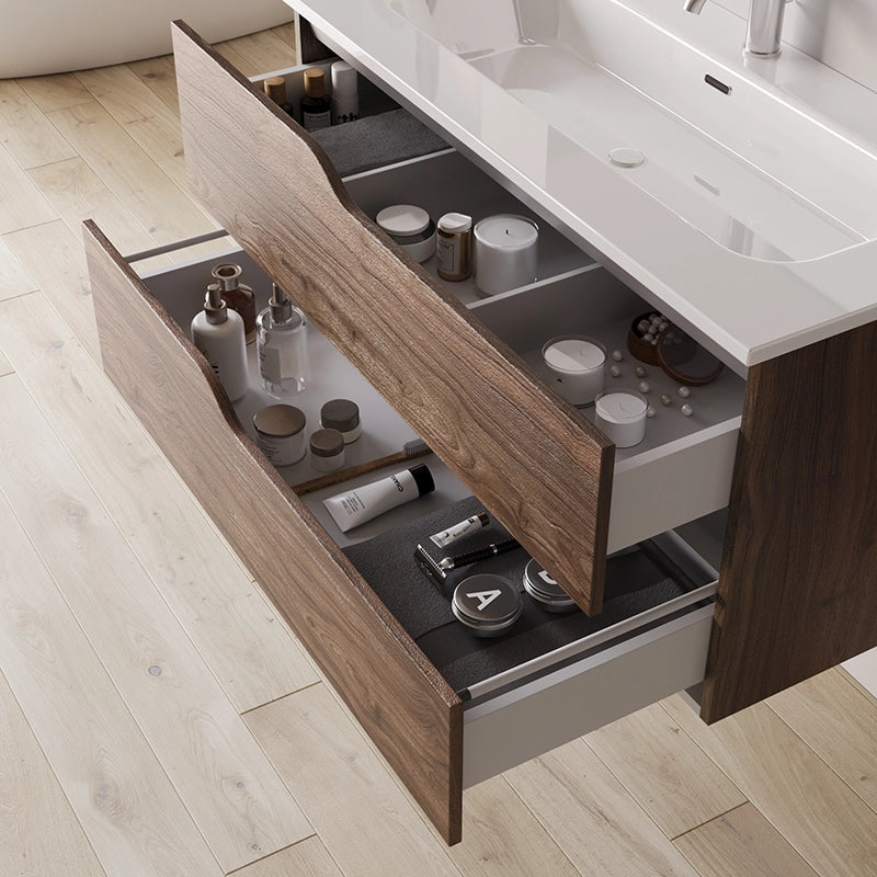 Mobile bagno 60x46 tabacco effetto legno con lavabo Gaia con lavabo e rubinetteria, vista frontale su sfondo neutro...