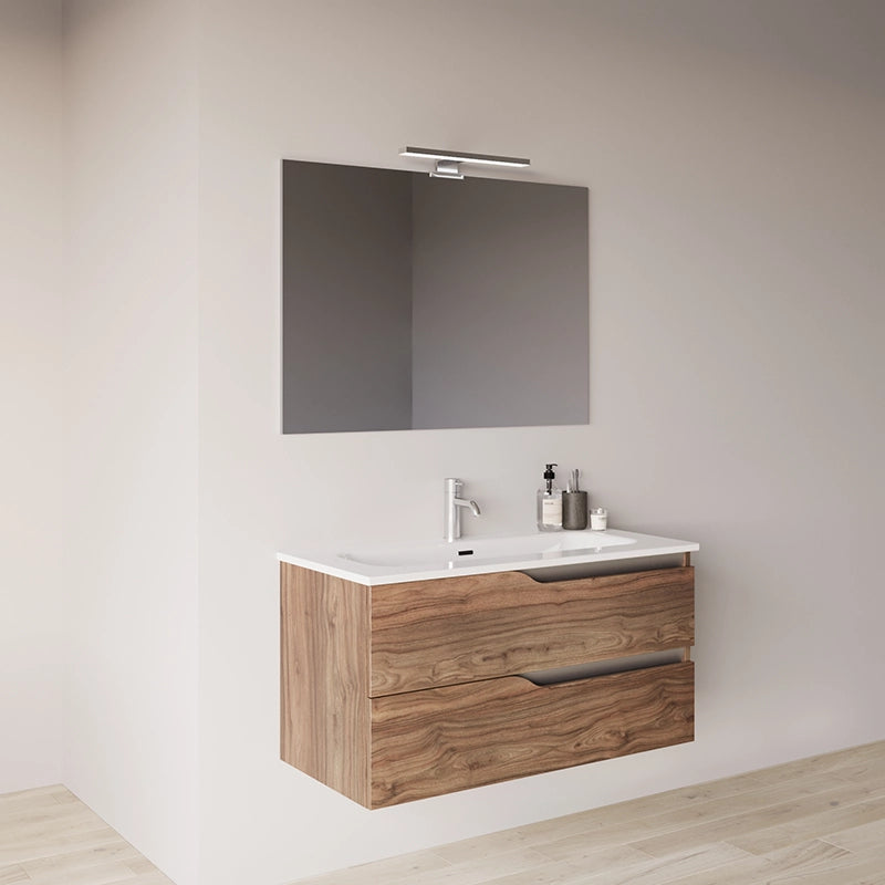 Mobile bagno 60x46 tabacco effetto legno con lavabo Gaia con lavabo e rubinetteria, vista frontale su sfondo neutro...