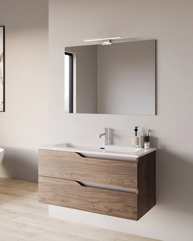 Mobile bagno 60x46 tabacco effetto legno con lavabo Gaia, dettaglio ravvicinato della finitura e del cassetto - Exagonshop