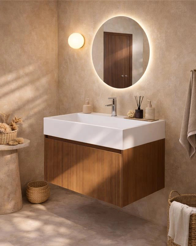 Mobile bagno 60x48 Madrid cannettato un cassetto quercia ambientato in bagno moderno con specchio e accessori - Exagonshop