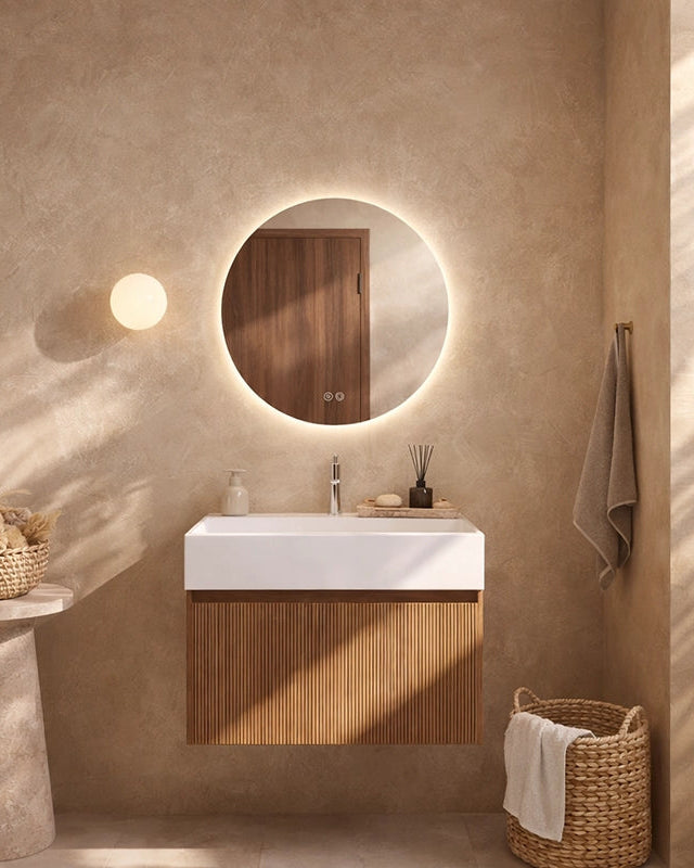 Mobile bagno 60x48 Madrid cannettato un cassetto quercia, vista dall'alto del piano con lavabo - Exagonshop