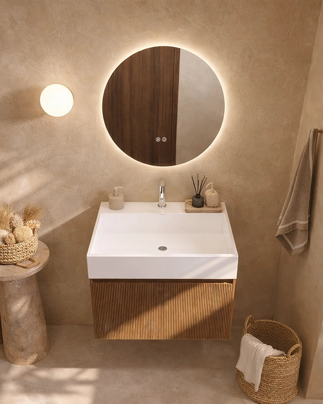 Mobile bagno 60x48 Madrid cannettato un cassetto quercia, dettaglio ravvicinato della finitura e del cassetto - Exagonshop