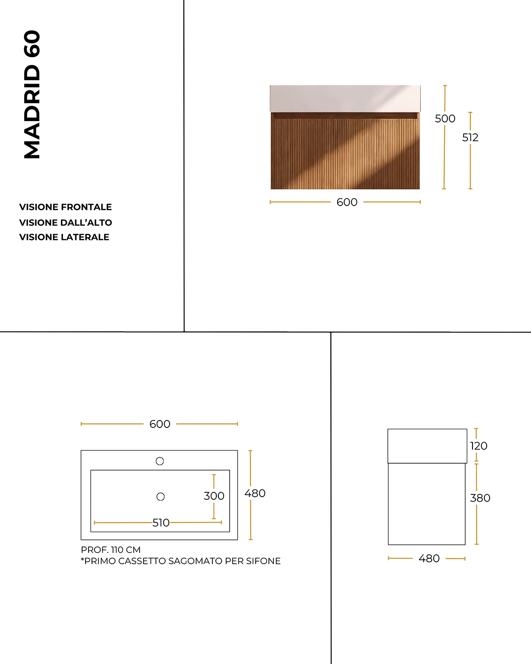 Mobile bagno 60x48 Madrid cannettato un cassetto quercia con lavabo resina opaco