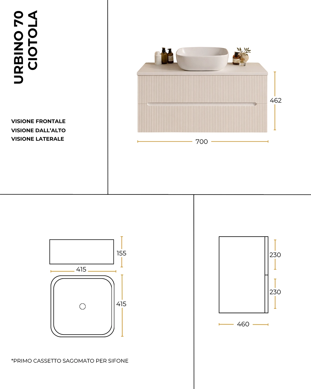 Mobile bagno noce chiaro 70x46 cannettato Urbino con ciotola in ceramica