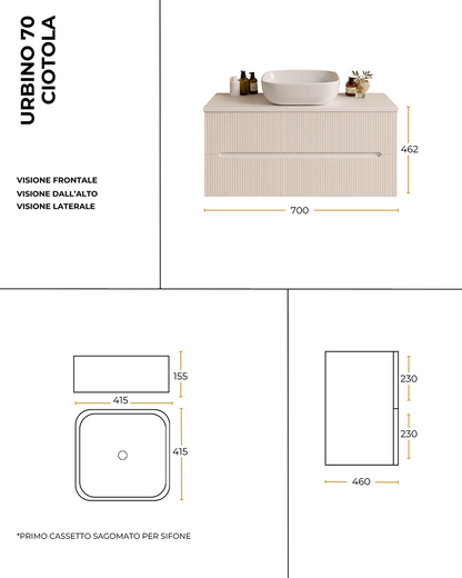 Mobile bagno noce chiaro 70x46 cannettato Urbino con ciotola in ceramica