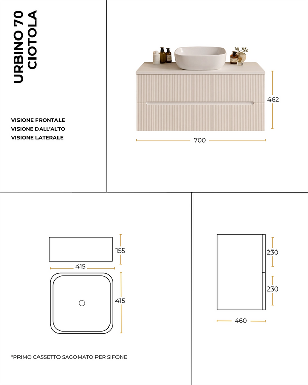 Mobile bagno noce chiaro 70x46 cannettato Urbino con ciotola in ceramica
