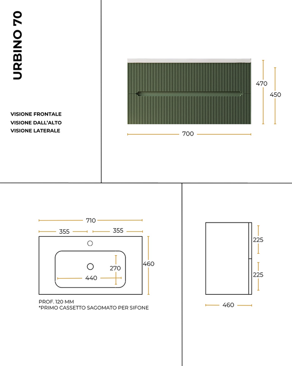 Mobile bagno noce chiaro 70x46 cannettato Urbino con lavabo in ceramica