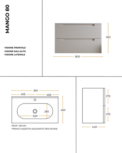 Mobile bagno bianco opaco 80x45 Mango lavabo in ceramica lucida
