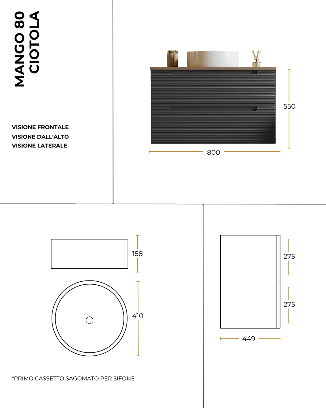 Mobile bagno blu notte 80x45 Mango top noce e lavabo appoggio in ceramica lucida