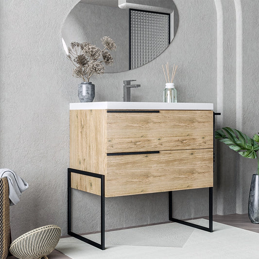 Mobile bagno Quercia naturale 100x45 Venezia a pavimento con portasciugamani e Lavabo