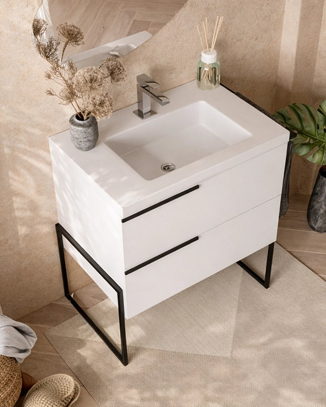 Mobile bagno 80x45 bianco lucido Venezia a pavimento con, vista dall'alto del piano con lavabo - Exagonshop