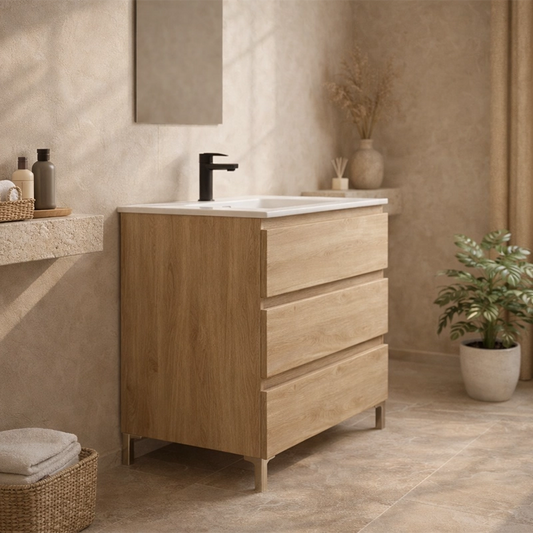 Mobile bagno 80x46 quercia a pavimento con lavabo in ceramica Atene