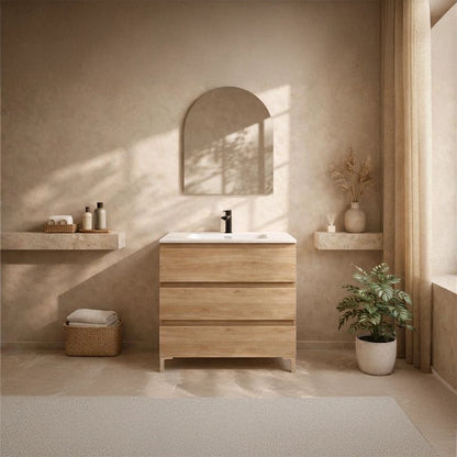 Mobile bagno 80x46 quercia a pavimento con lavabo in ceramica Atene