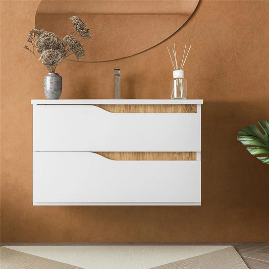 Mobile bagno 80x46 Gaia quercia naturale bianco lucido con lavabo