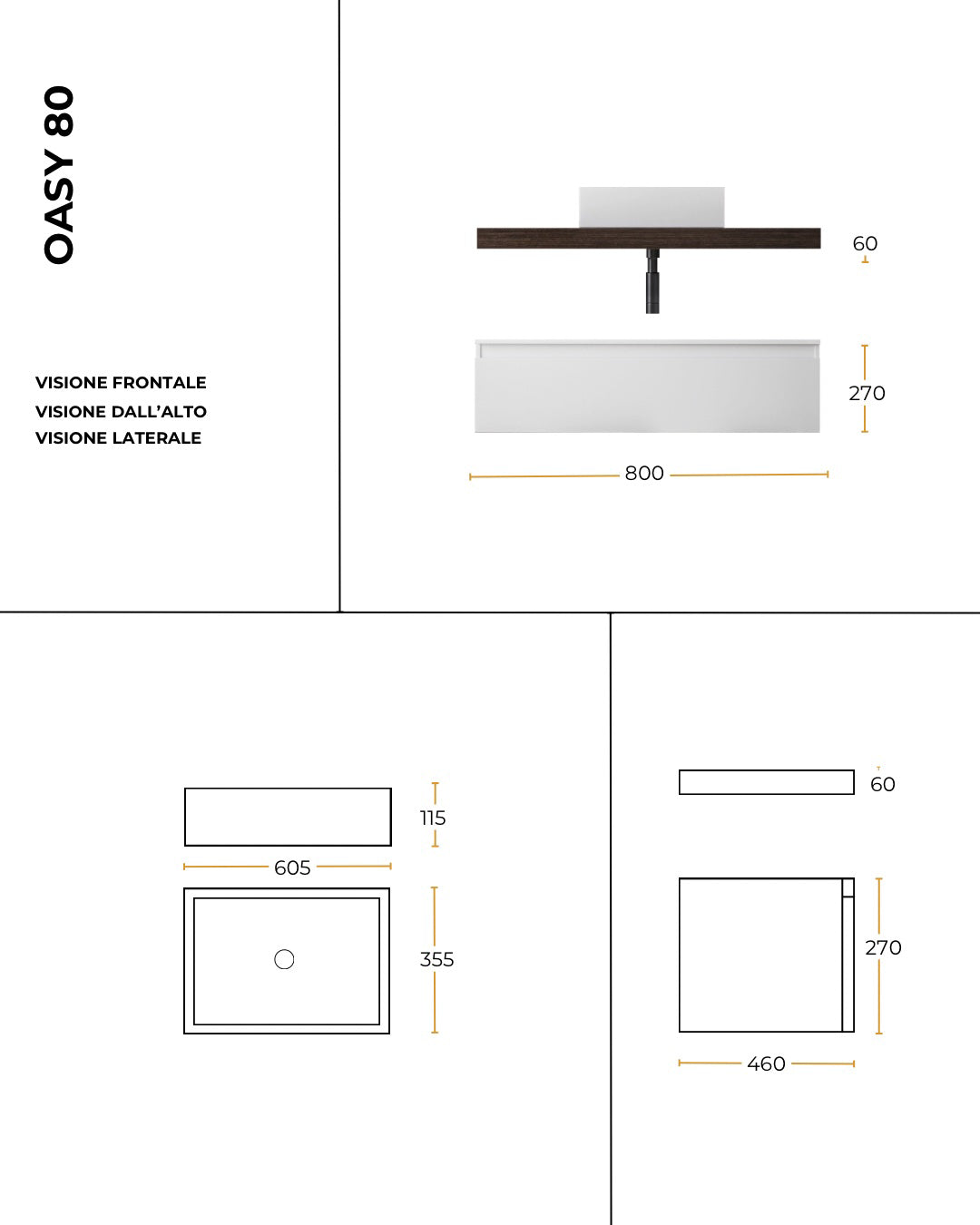 Mobile bagno 80x46 tabacco bianco lucido Oasy con top e lavabo appoggio