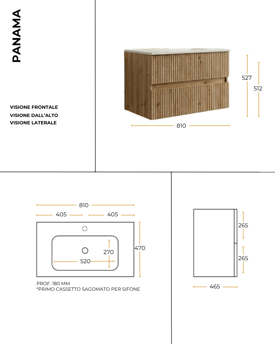 Mobile bagno 80x46 Panama cannettato rovere grigio con lavabo e specchio