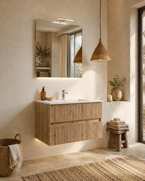 Mobile bagno 80x46 Panama cannettato rovere naturale con lavabo e specchio