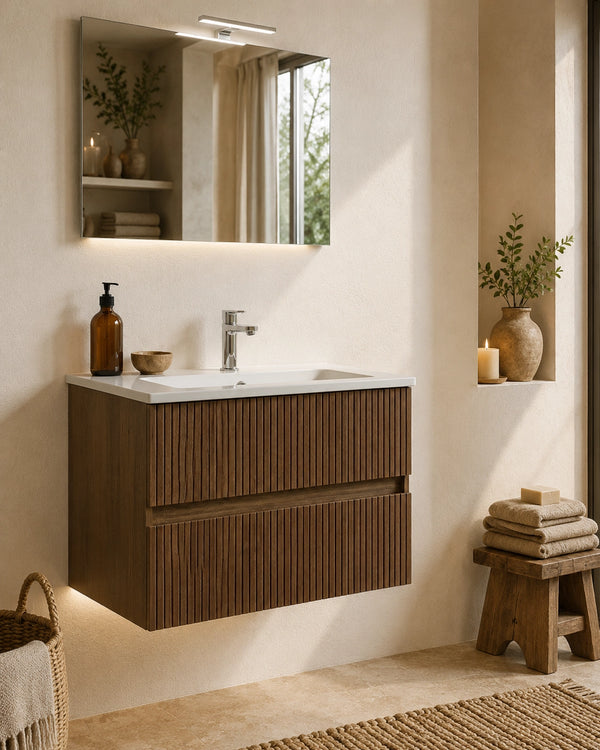 Mobile bagno 80x46 Panama cannettato rovere scuro con lavabo e specchio