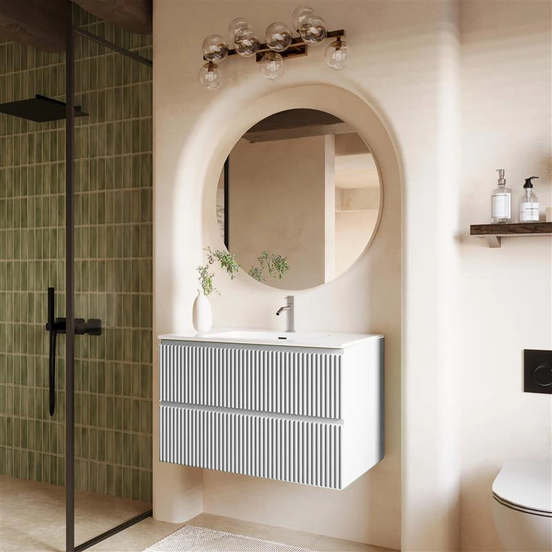 Mobile bagno 100x46 bianco lucido cannettato lavabo ambientato in bagno moderno con specchio e accessori - Exagonshop