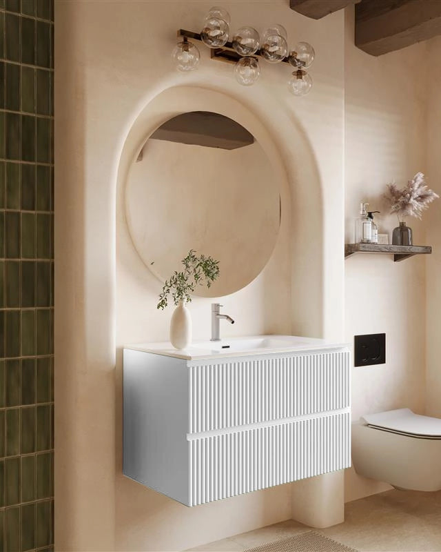 Mobile bagno 100x46 bianco opaco cannettato lavabo ceramica, dettaglio ravvicinato della finitura e del cassetto - Exagonshop