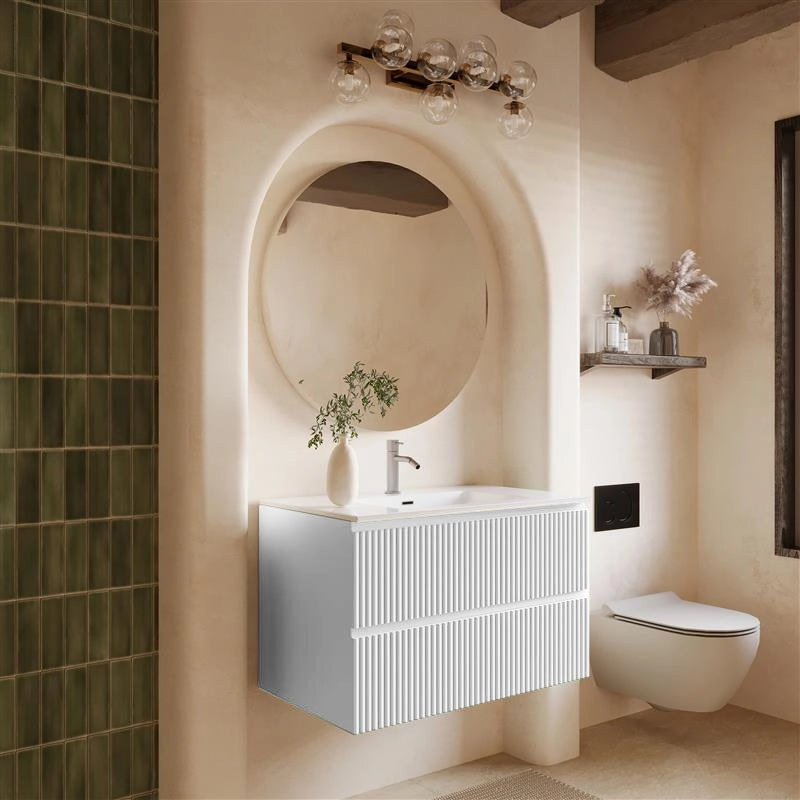 Mobile bagno 100x46 bianco lucido cannettato lavabo, dettaglio ravvicinato della finitura e del cassetto - Exagonshop