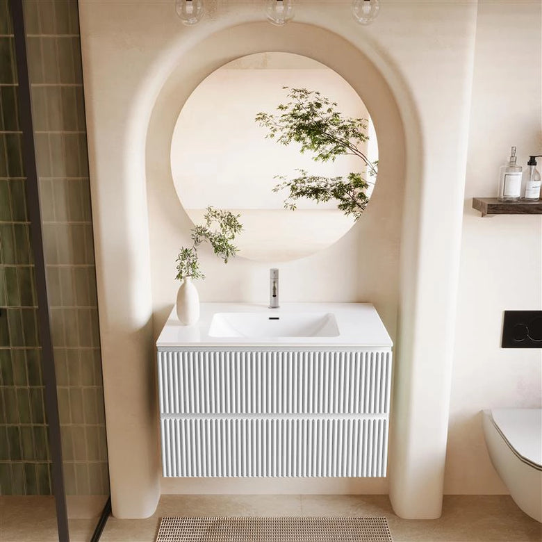 Mobile bagno 100x46 bianco lucido cannettato lavabo in ceramica con lavabo e rubinetteria, vista frontale su sfondo...