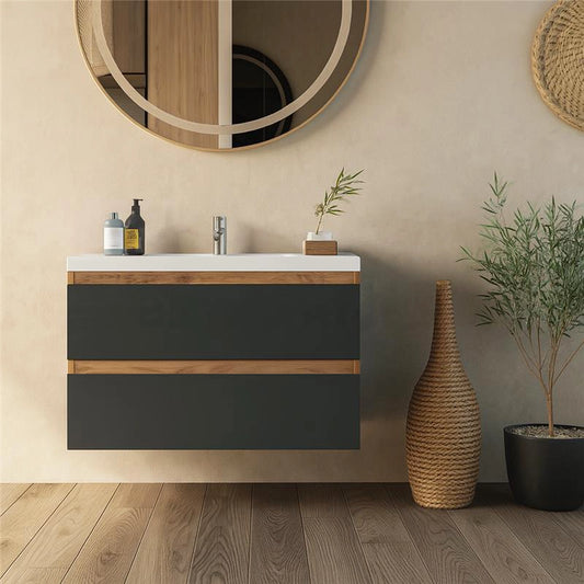 Mobile bagno 80x46 noce antracite Milo due cassetti con lavabo ad incasso
