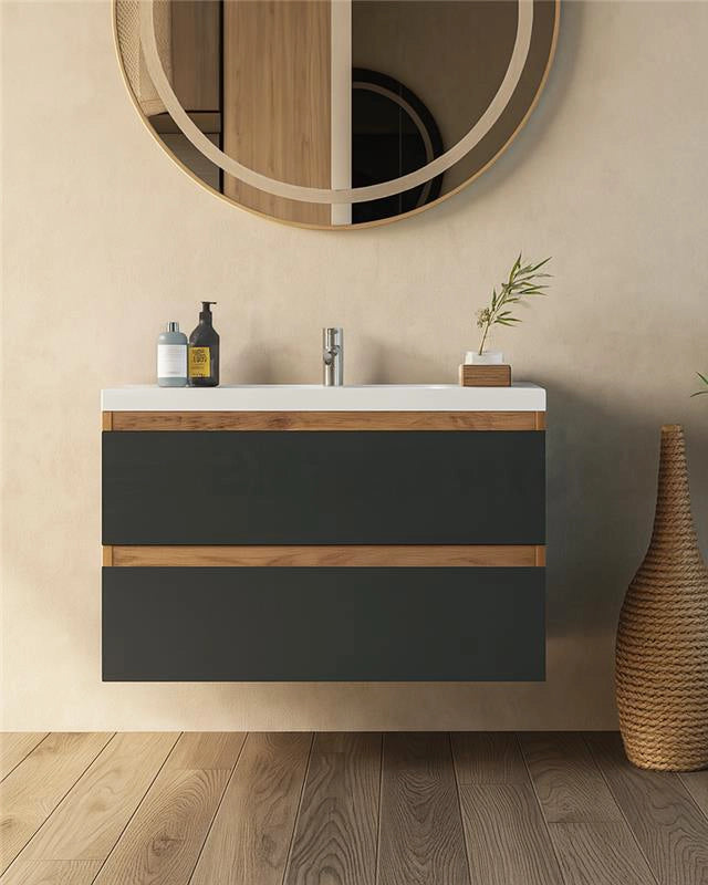 Mobile bagno 80x46 noce antracite Milo lavabo lucido con lavabo e rubinetteria, vista frontale su sfondo neutro - Exagonshop