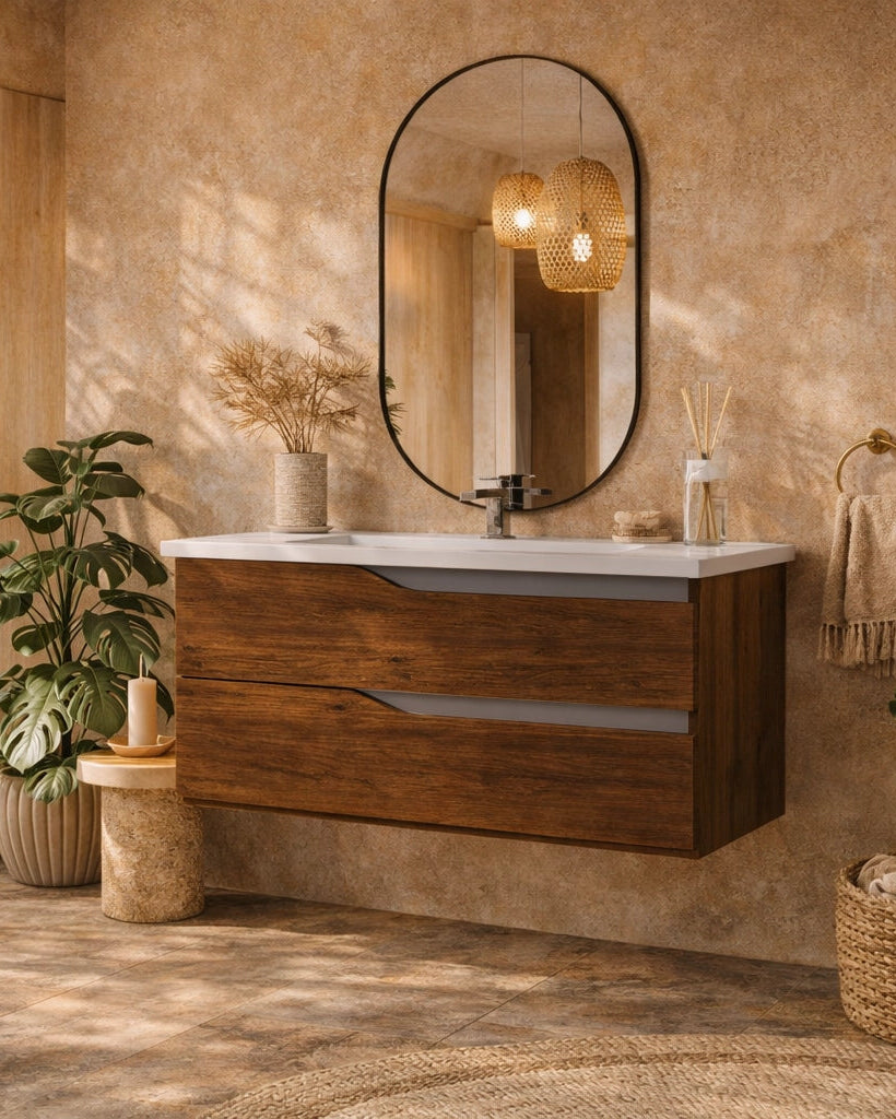 Mobile bagno 80x46 noce tortora opaco Gaia con lavabo in, dettaglio ravvicinato della finitura e del cassetto - Exagonshop