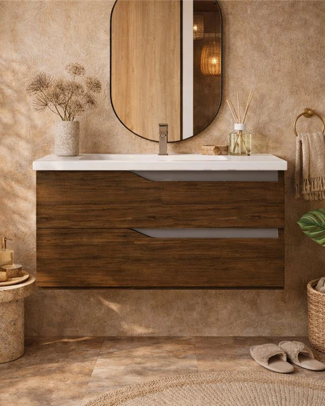 Mobile bagno 80x46 noce tortora opaco Gaia con lavabo in ambientato in bagno moderno con specchio e accessori - Exagonshop