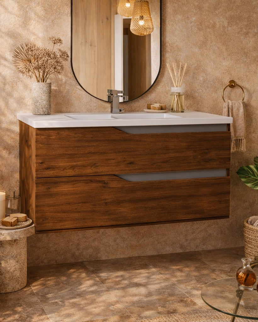 Mobile bagno 80x46 noce tortora opaco Gaia con lavabo in con lavabo e rubinetteria, vista frontale su sfondo neutro...