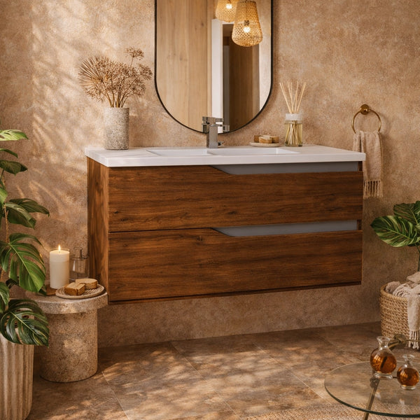 Mobile bagno 80x46 noce tortora opaco Gaia con lavabo in con lavabo e rubinetteria, vista frontale su sfondo neutro...