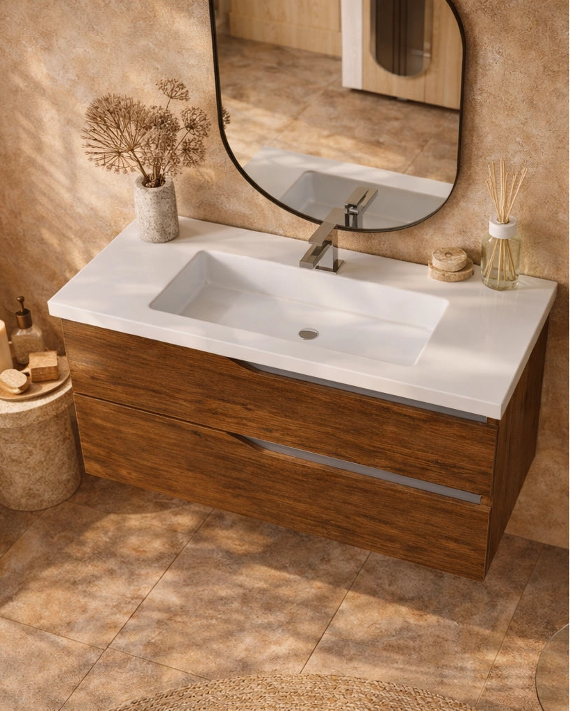 Mobile bagno 80x46 noce tortora opaco Gaia con lavabo in, vista dall'alto del piano con lavabo - Exagonshop