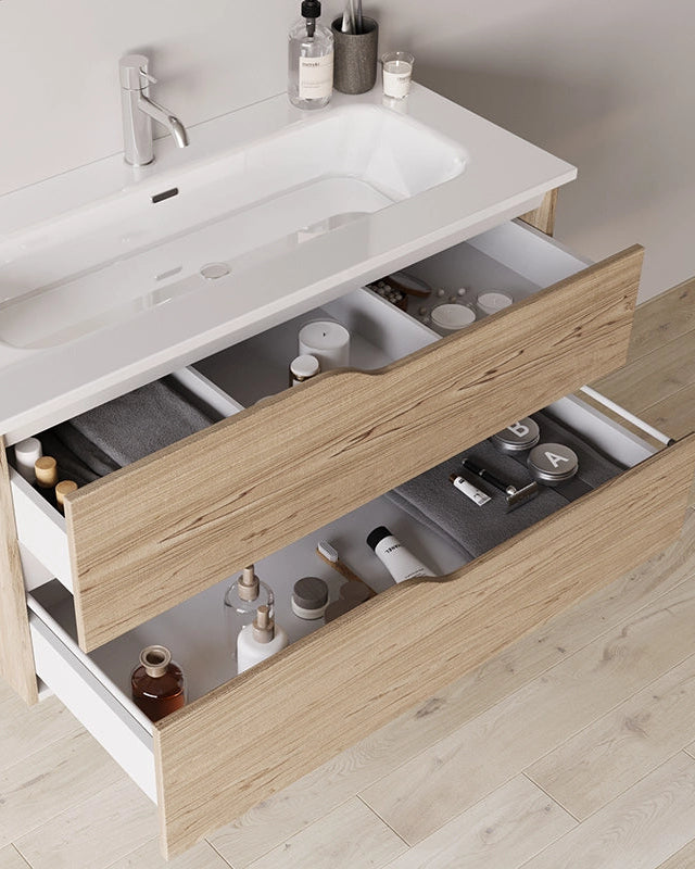 Mobile bagno 80x46 quercia effetto legno con lavabo Gaia, dettaglio ravvicinato della finitura e del cassetto - Exagonshop