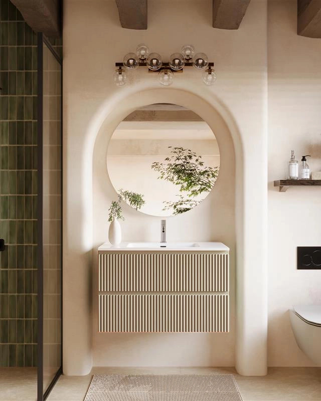 Mobile bagno 80x46 sabbia opaco cannettato lavabo ceramica, vista dall'alto del piano con lavabo - Exagonshop