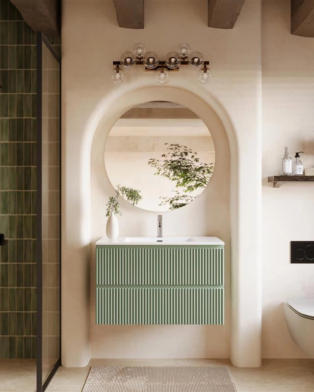 Mobile bagno cannettato 80x46 salvia opaco lavabo ceramica, vista dall'alto del piano con lavabo - Exagonshop