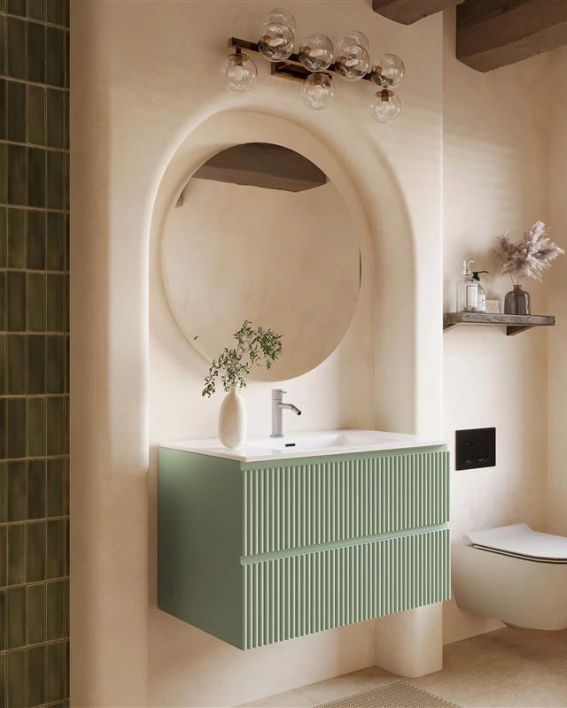 Mobile bagno cannettato 80x46 salvia opaco lavabo ceramica ambientato in bagno moderno con specchio e accessori - Exagonshop