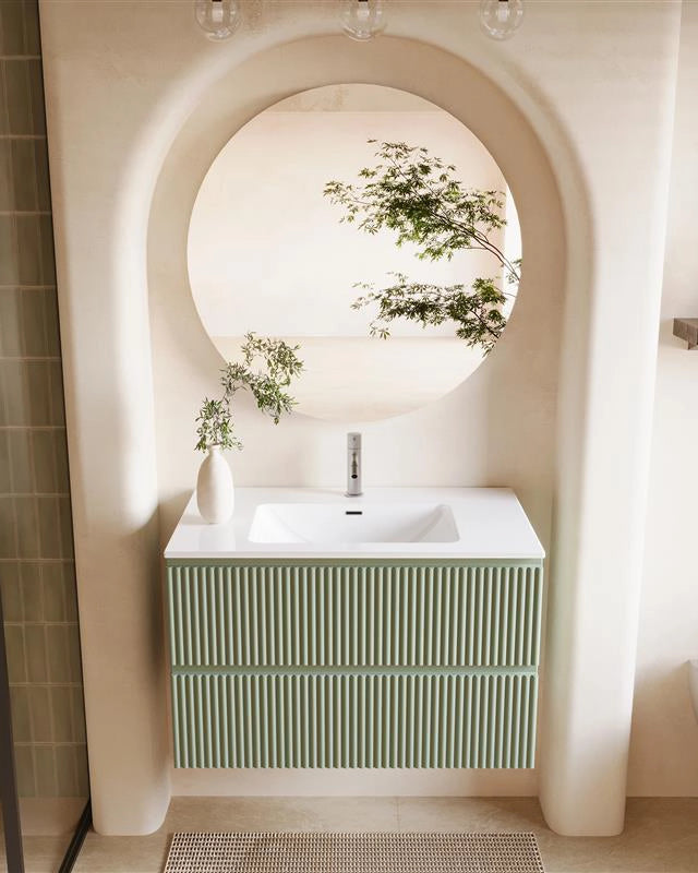 Mobile bagno cannettato 80x46 salvia opaco lavabo ceramica in lucido con lavabo e rubinetteria, vista frontale su sfondo...