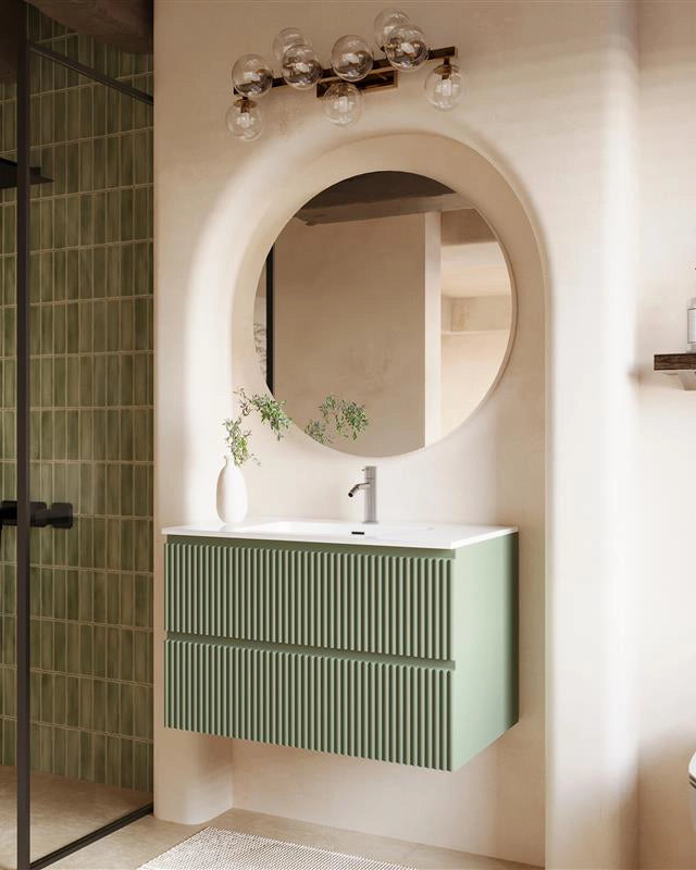 Mobile bagno cannettato 80x46 salvia opaco lavabo ceramica, dettaglio ravvicinato della finitura e del cassetto - Exagonshop