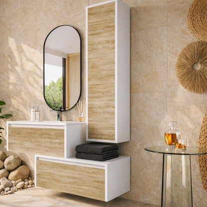 Mobile bagno quercia bianco lucido 80x47 Siena con colonna e lavabo
