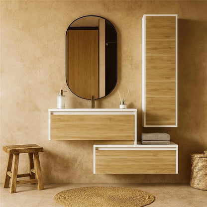 Mobile bagno 80x47 Siena Quercia bianco lucido con colonna push&pull e lavabo