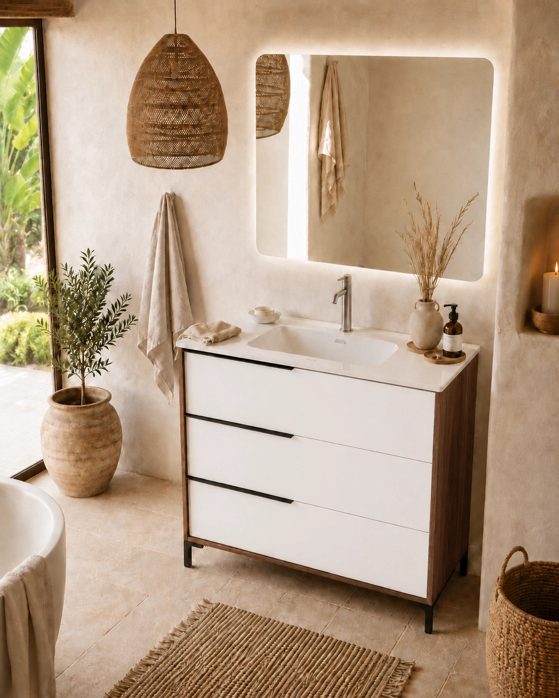Mobile bagno 80x47 a terra noce bianco opaco lavabo ceramica lucida