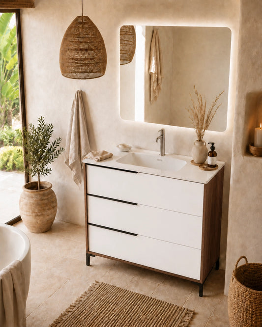 Mobile bagno 80x47 a terra noce bianco opaco lavabo ceramica lucida