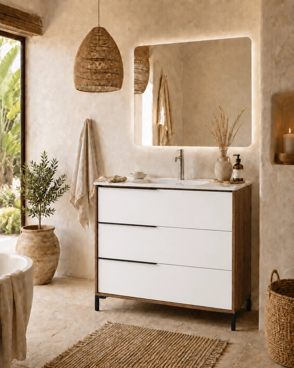 Mobile bagno 80x47 a terra noce bianco opaco lavabo ceramica lucida