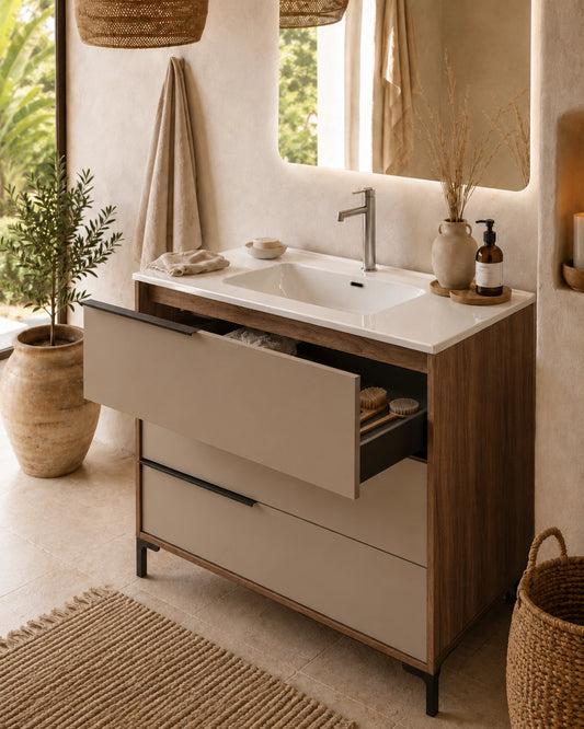 Mobile bagno 80x47 a terra noce tortora opaco lavabo ceramica lucida